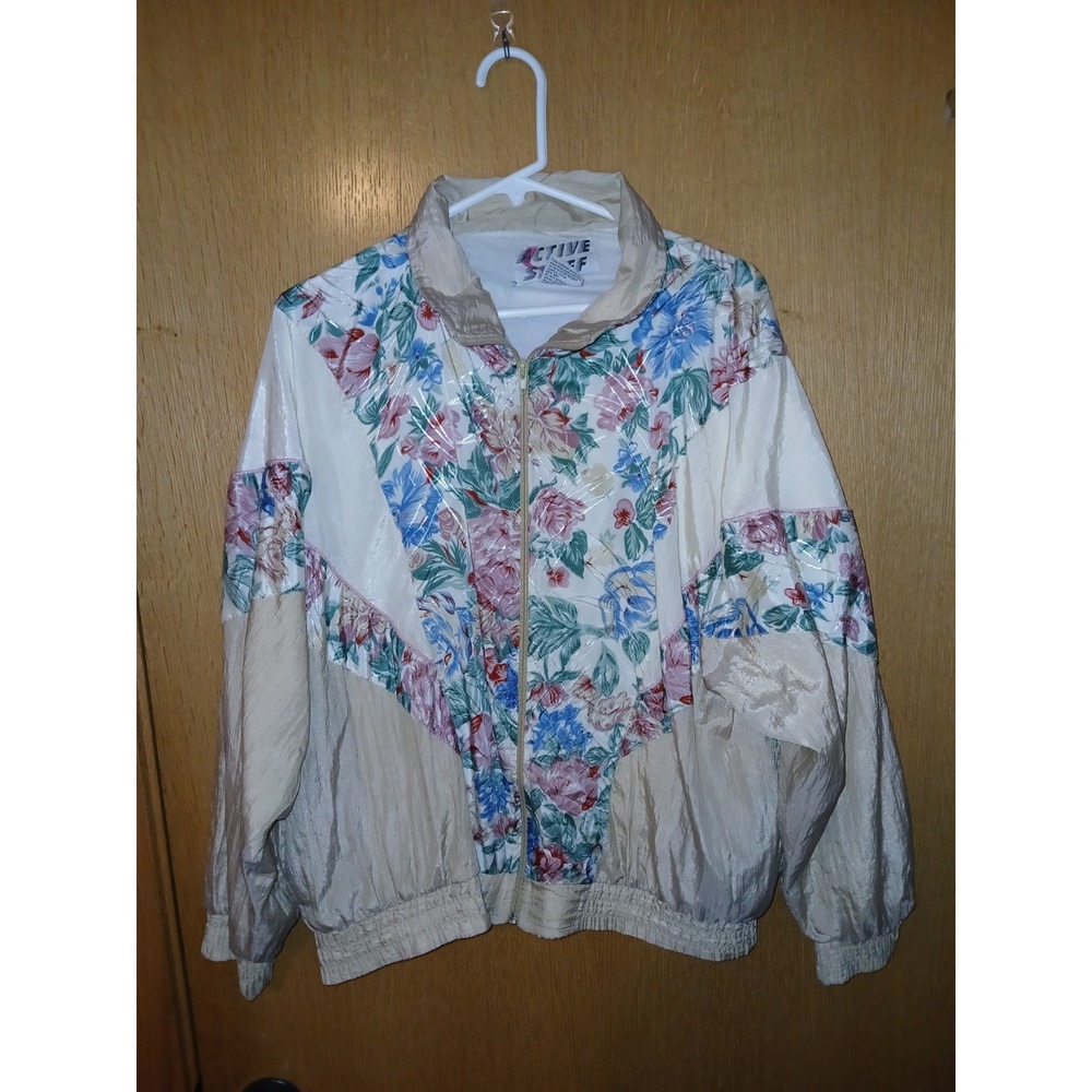 Vintage Active Stuff Womens Large Floral Windbreaker Jacket Nylon Colorblock Ret